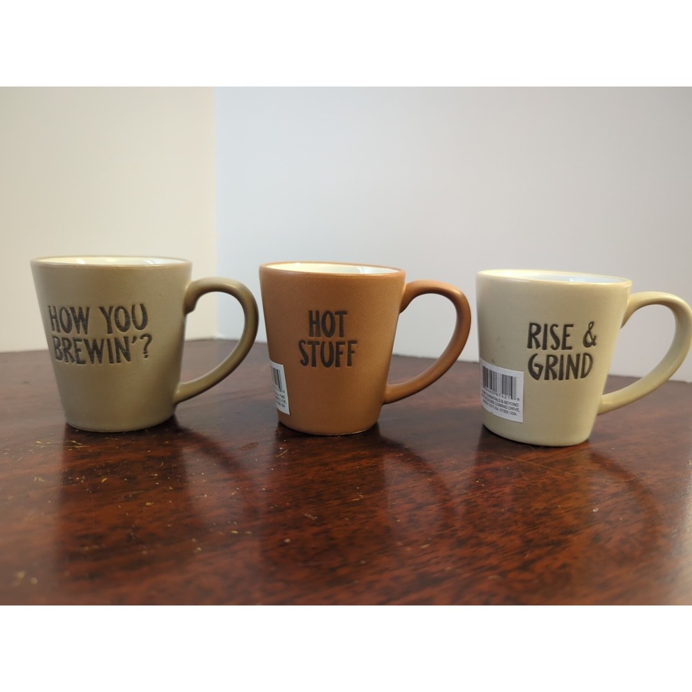 Set of 3 Espresso Ceramic Cups How You Brewin Hot Stuff Rise and Grind 3oz